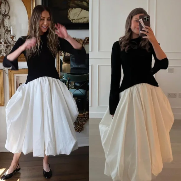 Simkhai Kenlie Midi Dress Black White Ribbed Knit Taffeta Bubble Hem Size S - Picture 12 of 12